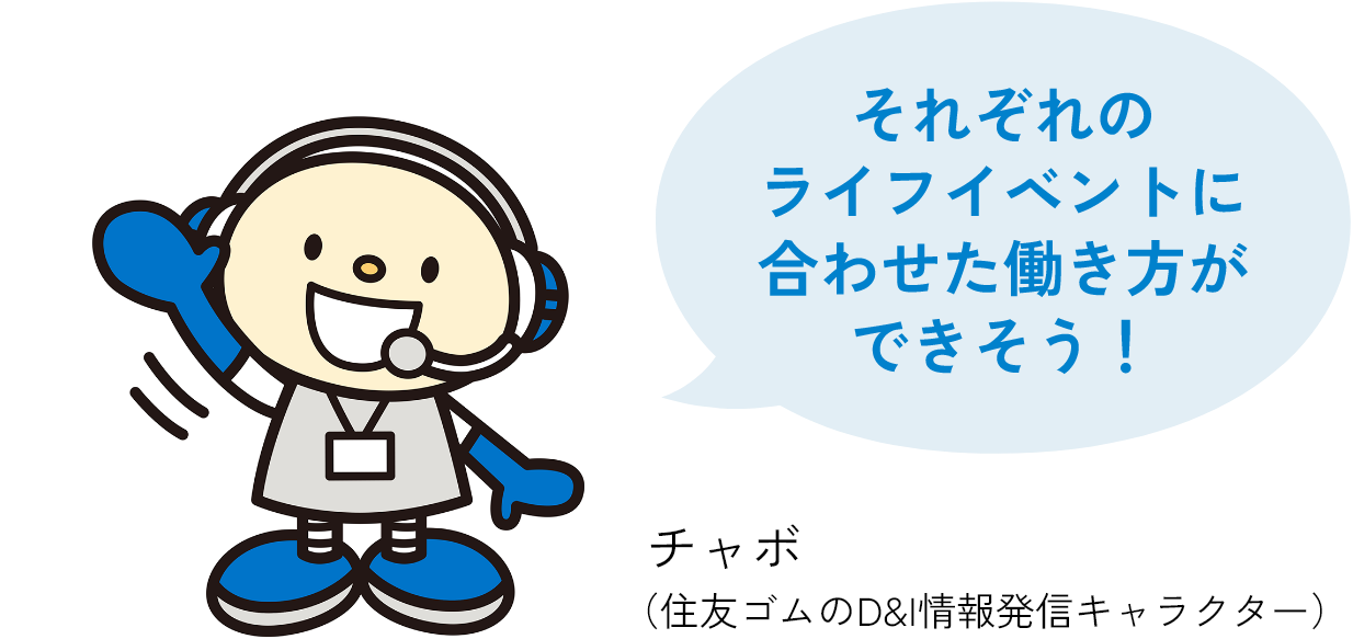 それぞれのライフイベントに合わせた働き方ができそう！チャボ（住友ゴムのD&I情報発信キャラクター）